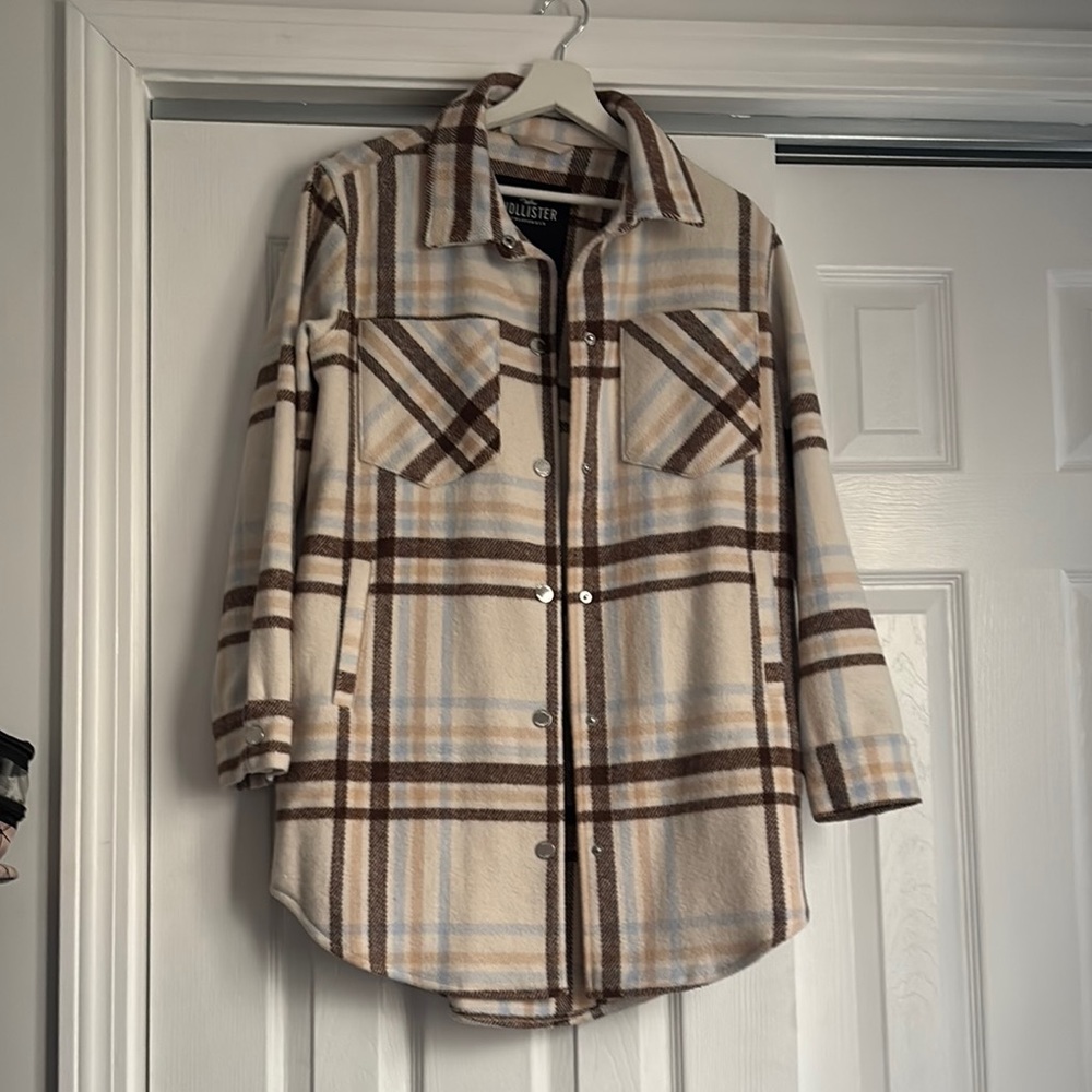 Hollister Plaid Trench Coat - Cream and Brown